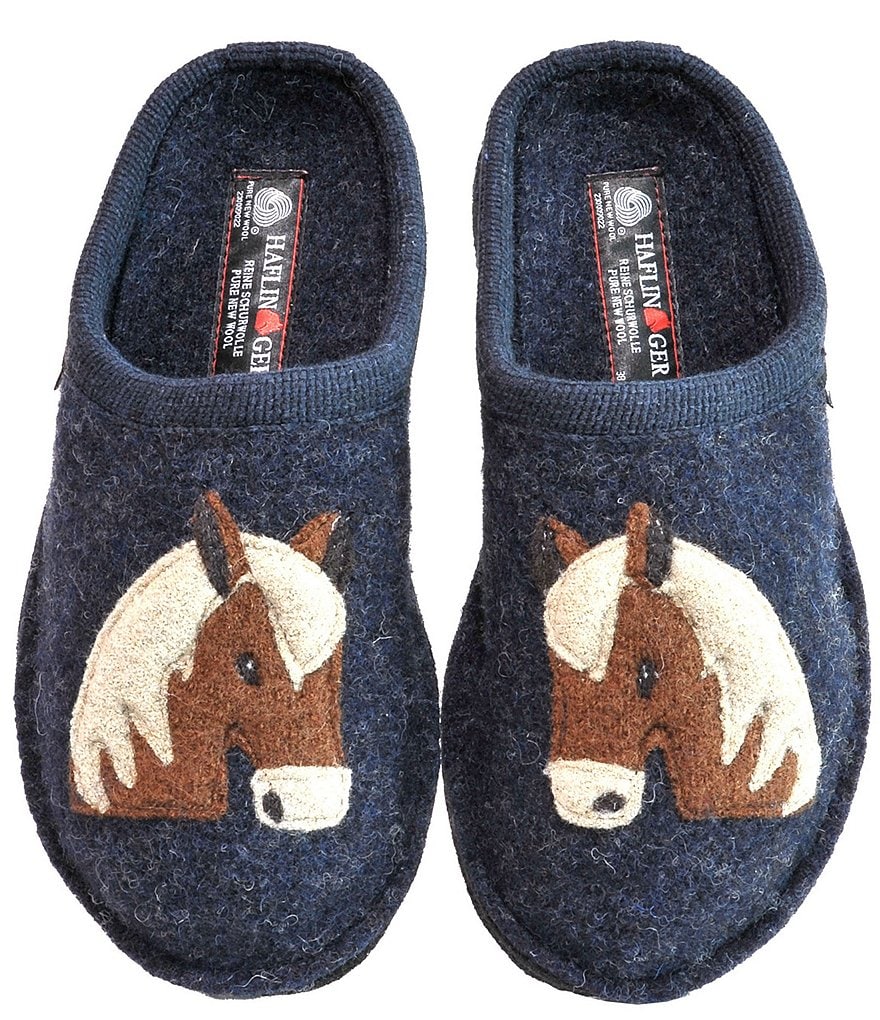 HAFLINGER Poni Horse Appliqued Wool Mule Slippers