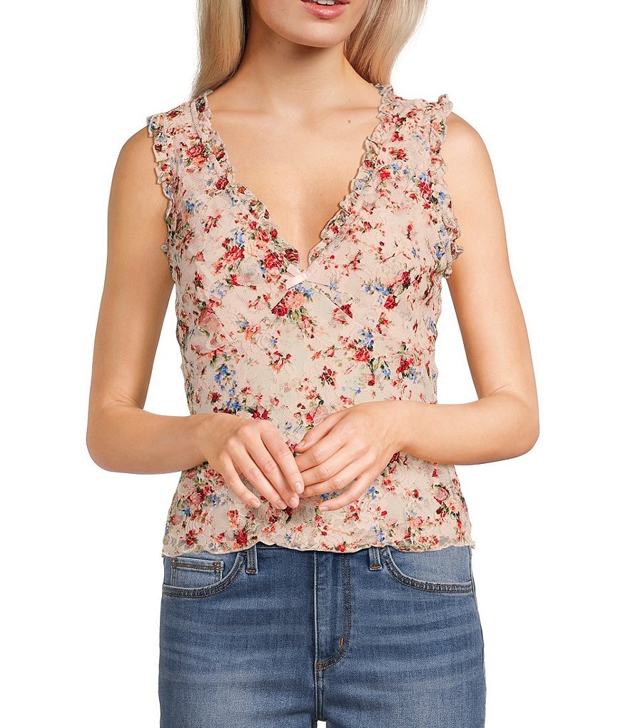 Honey & Sparkle Floral Print Ruffled V-Neck Sleeveless Lined