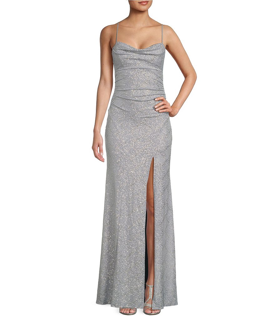 Honey and Rosie Glitter Cowl Neck Front Slit Long Dress | Dillard's