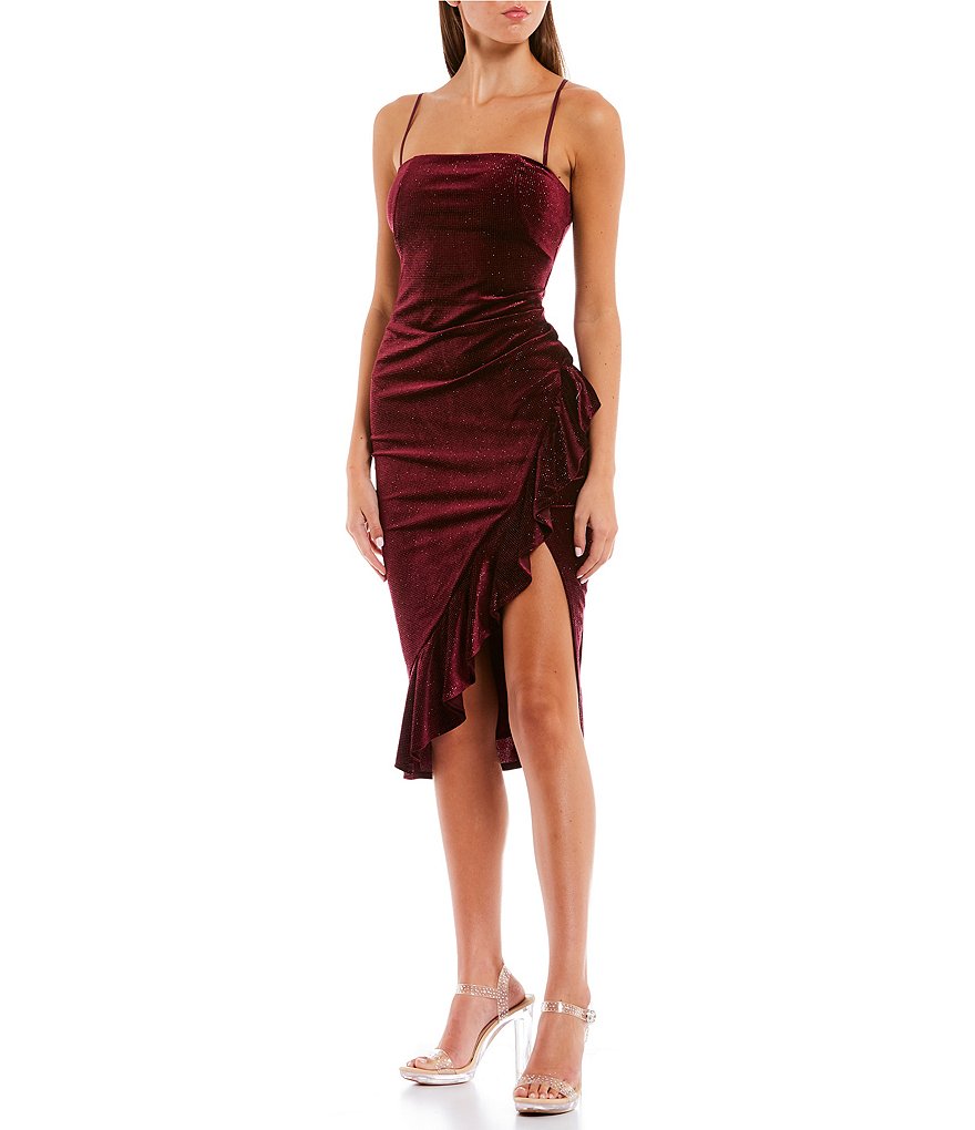 Honey and Rosie Glitter Velvet Ruffle Trim Midi Dress | Dillard's