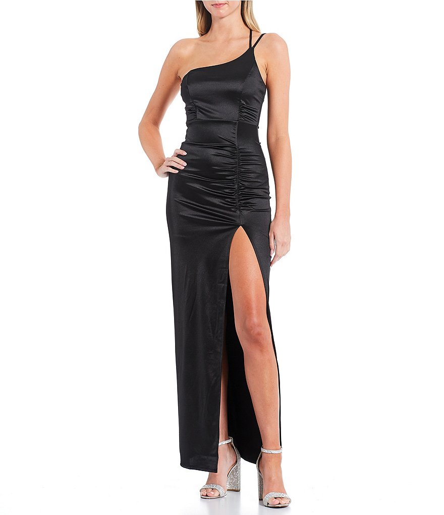 Honey and Rosie One Shoulder Side Slit Ruched Long Dress | Dillard's