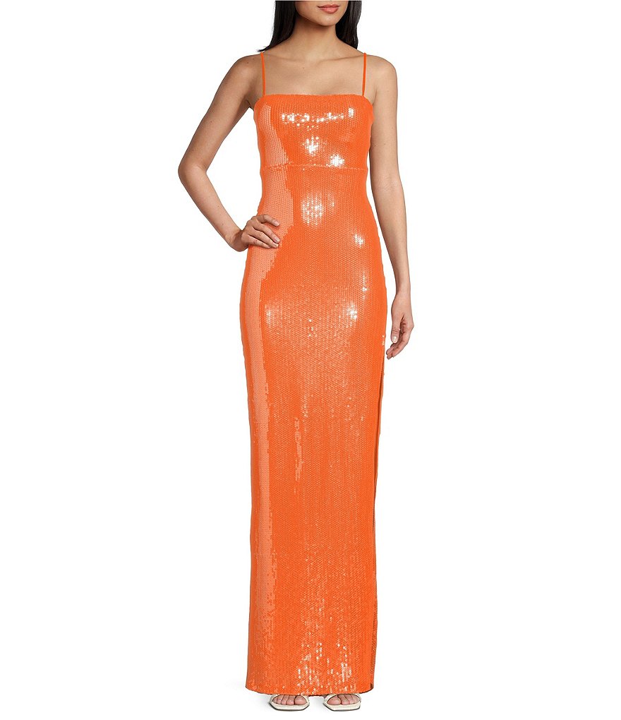 Honey and Rosie Sequin Front Slit Long Dress