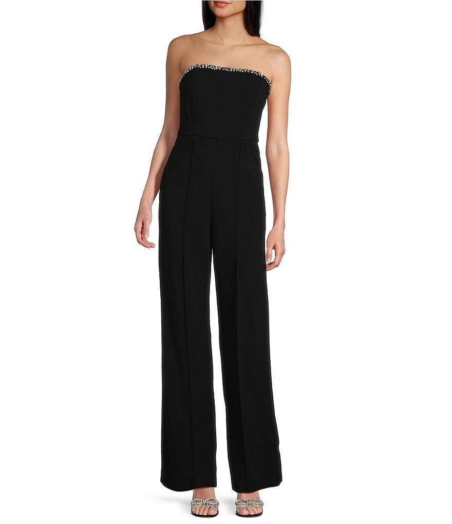 Honey and Rosie Strapless Elegant Rhinestone Edged Front Neckline Jumpsuit