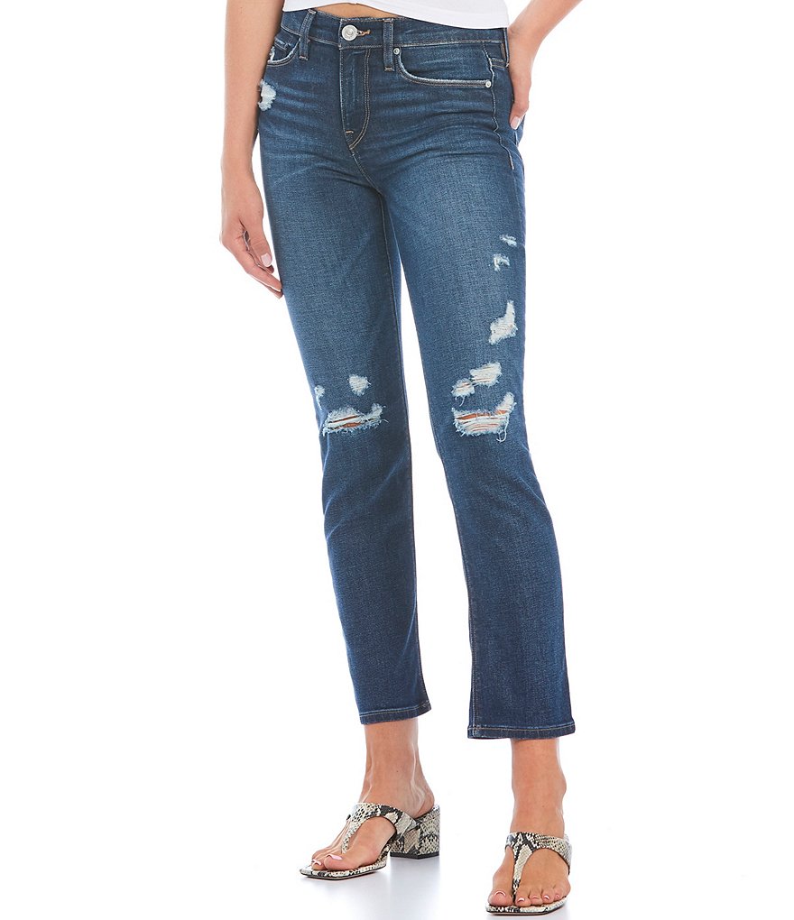 Hudson Jeans Nico Mid Rise Destruction Detail Straight Leg Crop Jeans ...