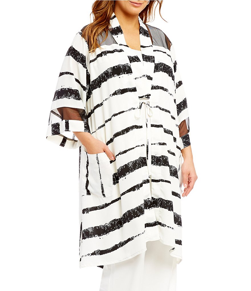 IC Collection Plus Mesh Contrast Stripe Print Duster Jacket | Dillards