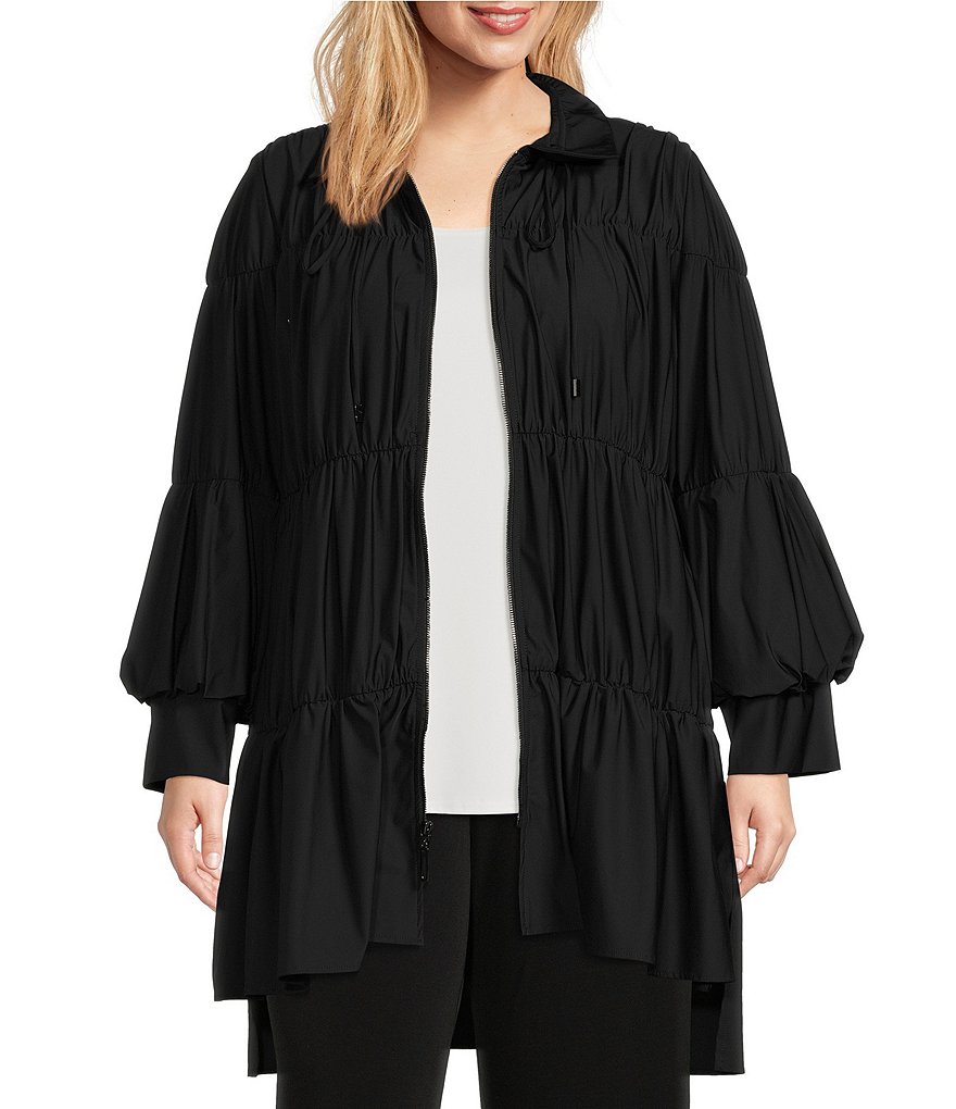 IC Collection Plus Size Stand Drawstring Collar Long Shirring Blouson  Sleeve Tiered High-Low Jacket