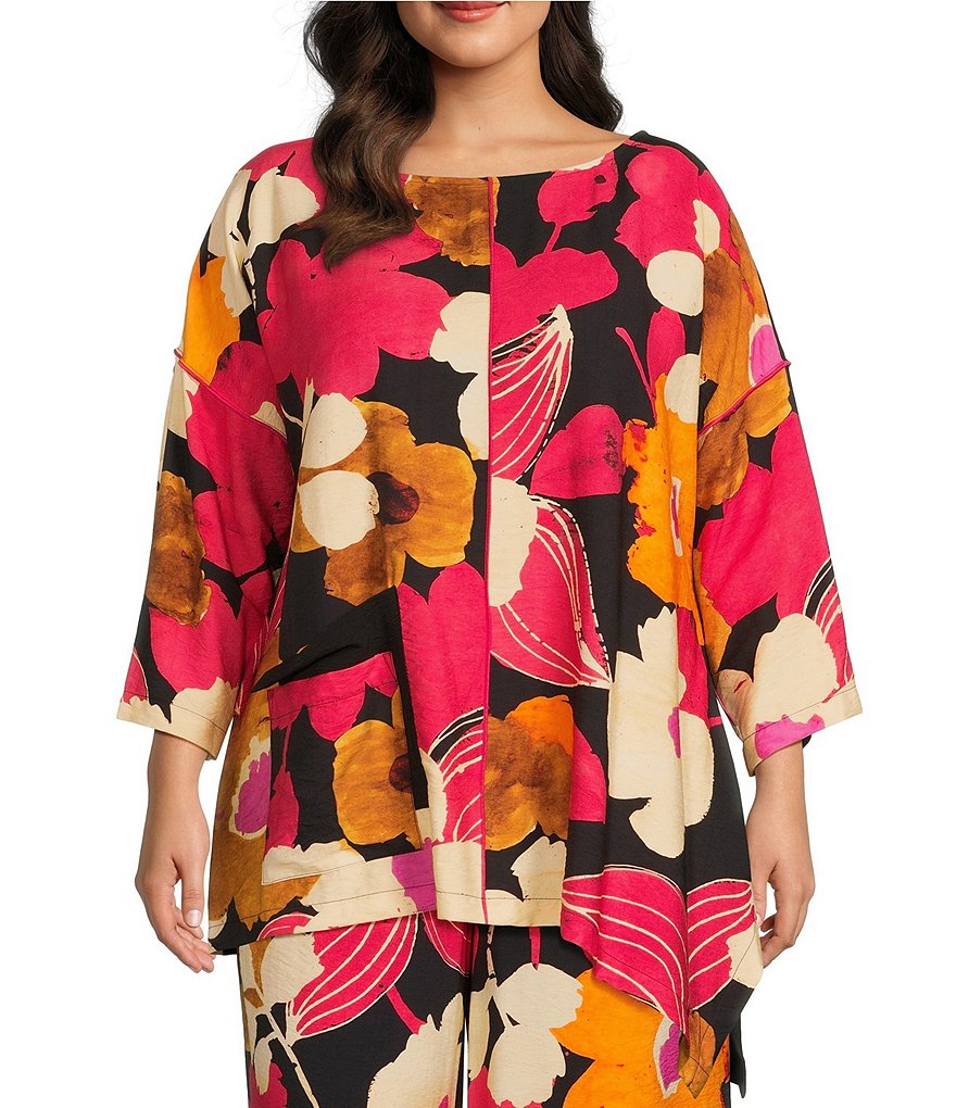 IC Collection Plus Size Woven Floral Print Round Neck 3/4 Sleeve ...