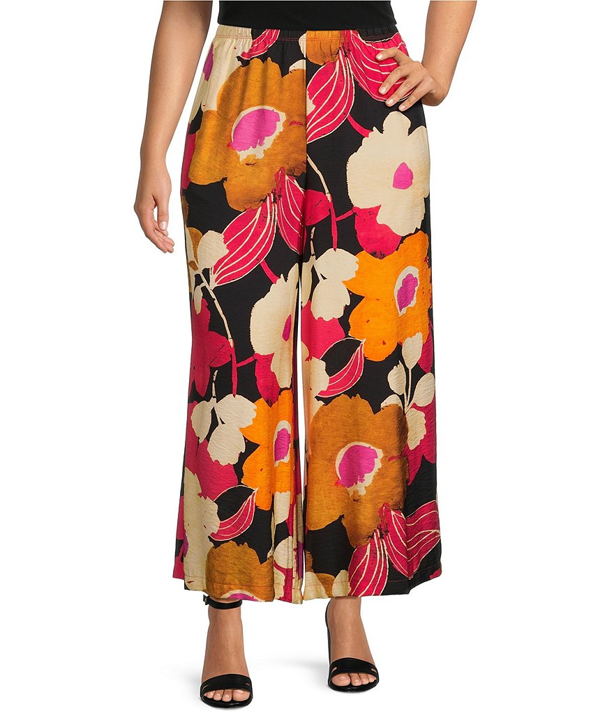 IC Collection Plus Size Woven Floral Print Wide Leg Pants | Dillard's