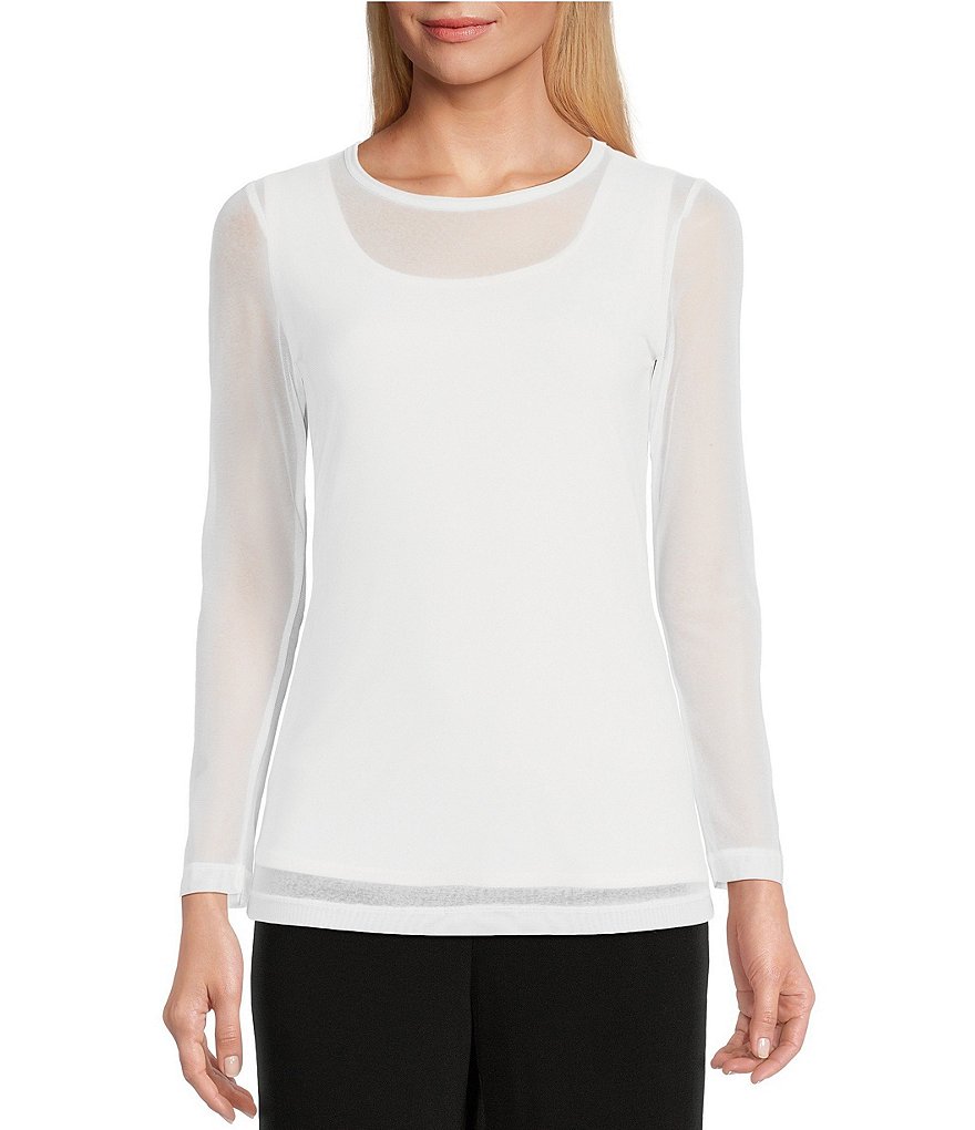 IC Collection Sheer Mesh Crew Neck 3/4 Sleeve Knit Top | Dillard's