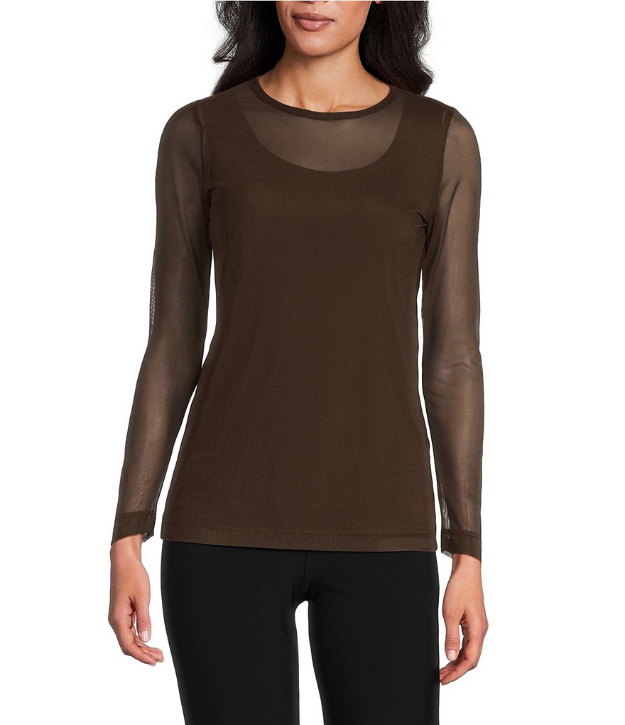 IC Collection Sheer Mesh Crew Neck Long Sleeve Knit Top Dillard s