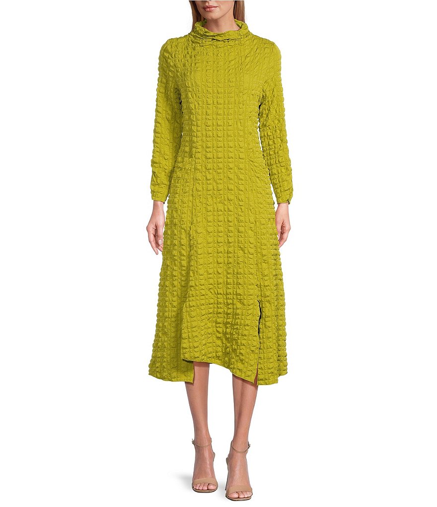 IC Collection Textured Bubble Check Pucker Woven Mock Neck 3/4 Sleeve  Asymmetrical Hem Midi A-Line Dress