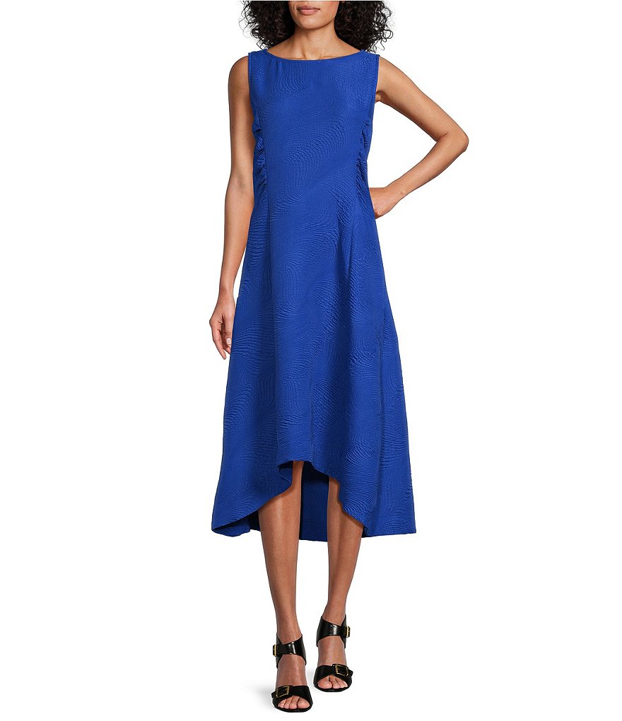 Women's Casual Boat Neck A-Line Midi Dress with Asymmetrical Hems