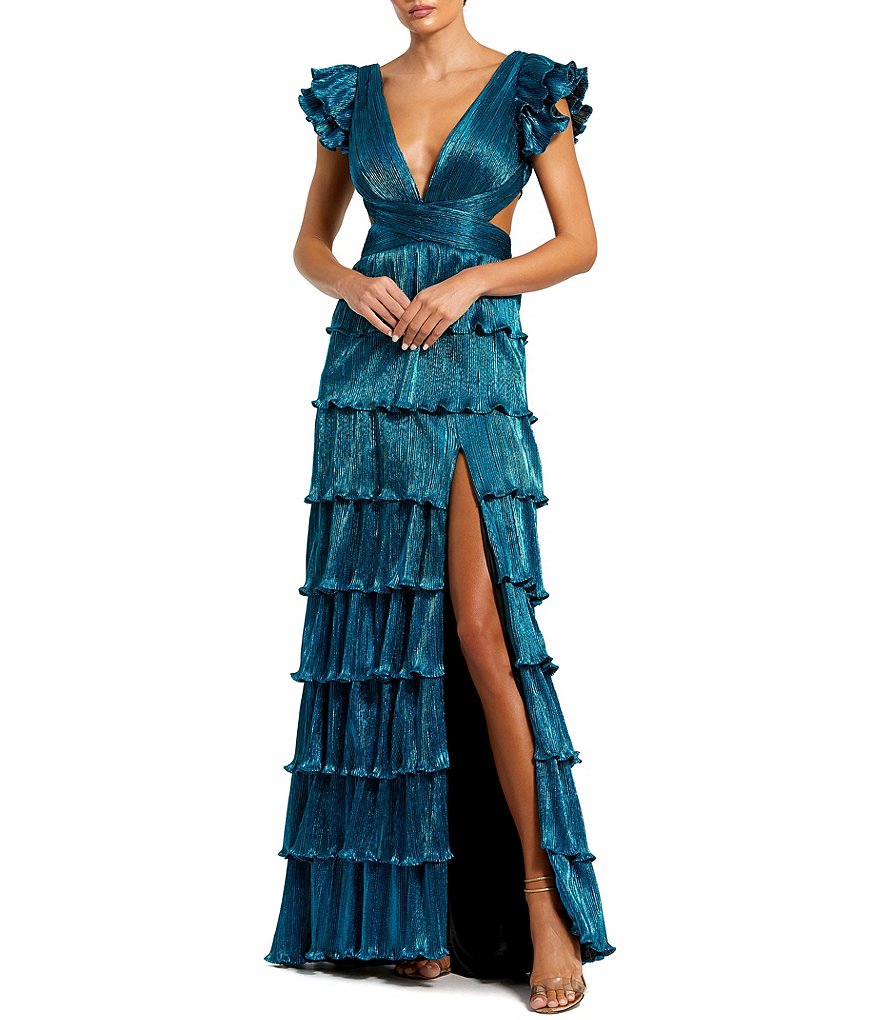 Ieena for Mac Duggal Deep V-Neck Ruffle Shoulder Cap Sleeve Side Cut ...