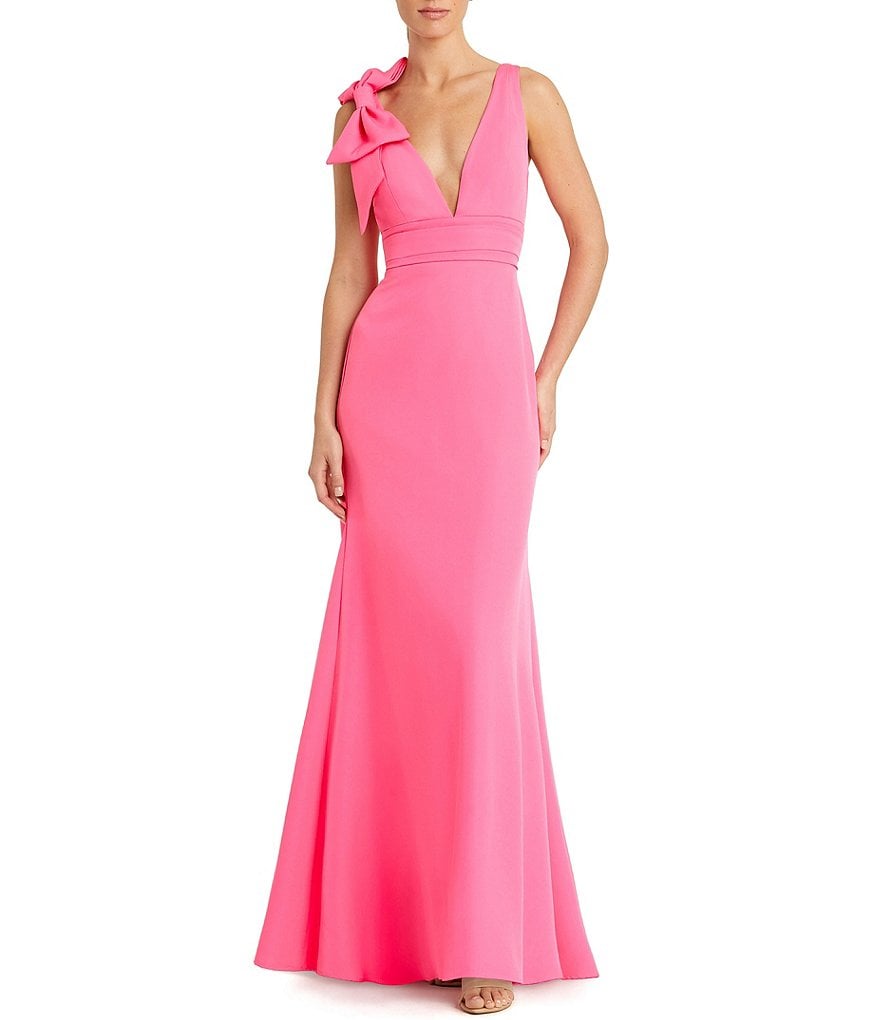 Ieena for Mac Duggal Plunging V-Neck Bow Shoulder Sleeveless Low Back ...