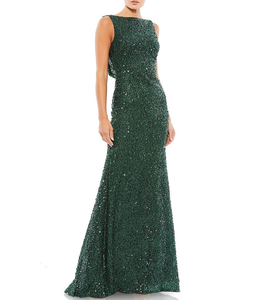 Ieena for Mac Duggal Sequin Drape Back Detail Boat Neck