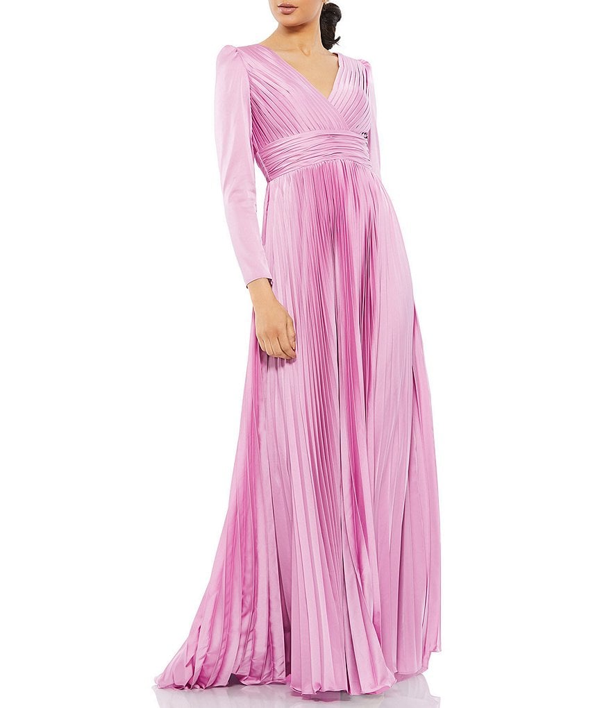 Ieena for Mac Duggal Surplice V-Neck 3/4 Sleeve Pleated A-Line Gown