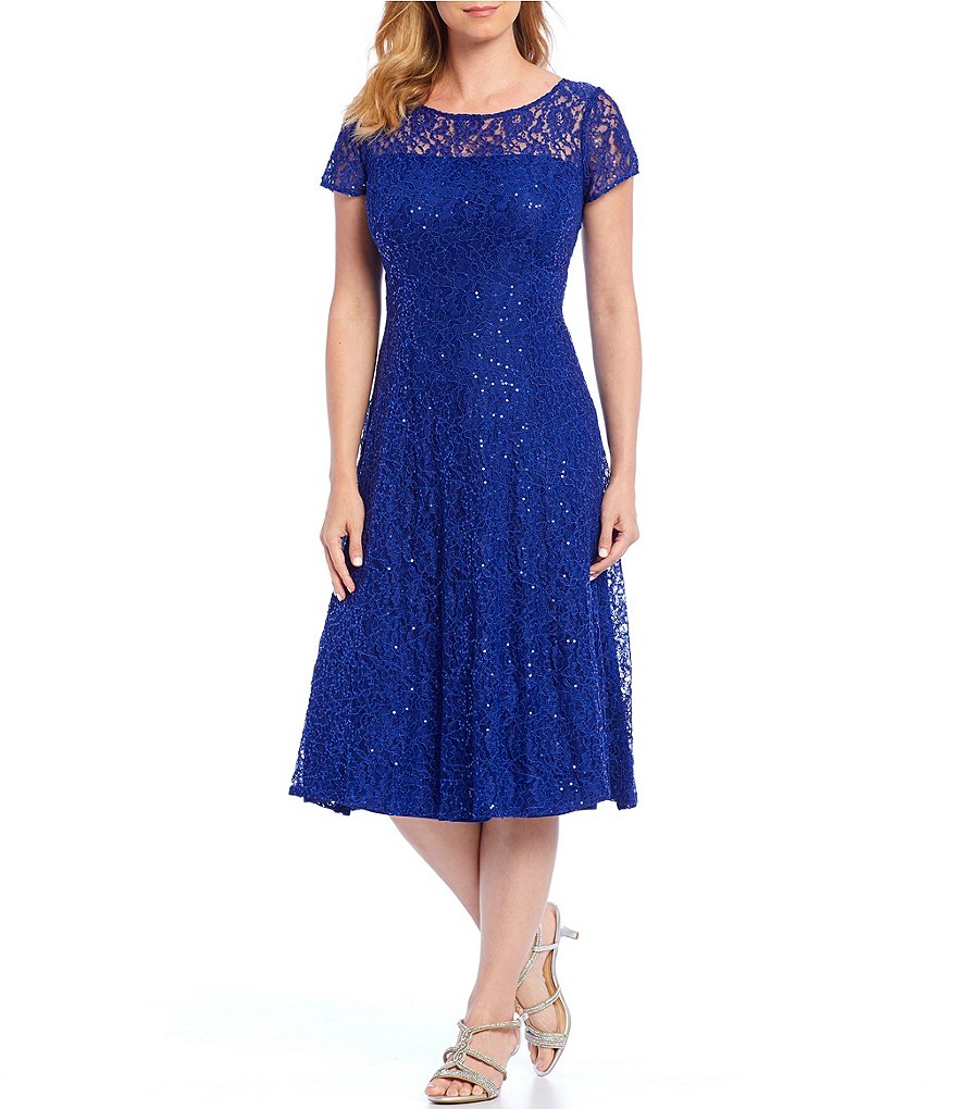 S.L. Fashions Cap Sleeve Tea Length Lace Dress(Regular) 