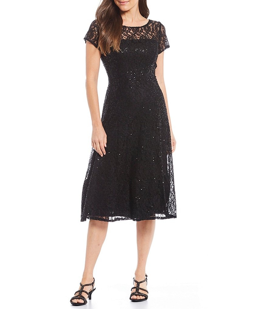 Ignite Evenings Round Neck Short Sleeve Sequin Lace Midi Dress | Dillard's