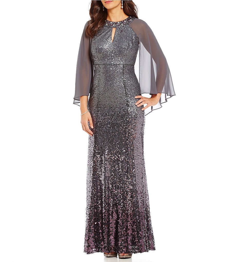 Ignite Evenings Keyhole Neck Sleeveless Sequin Chiffon Capelet Gown ...