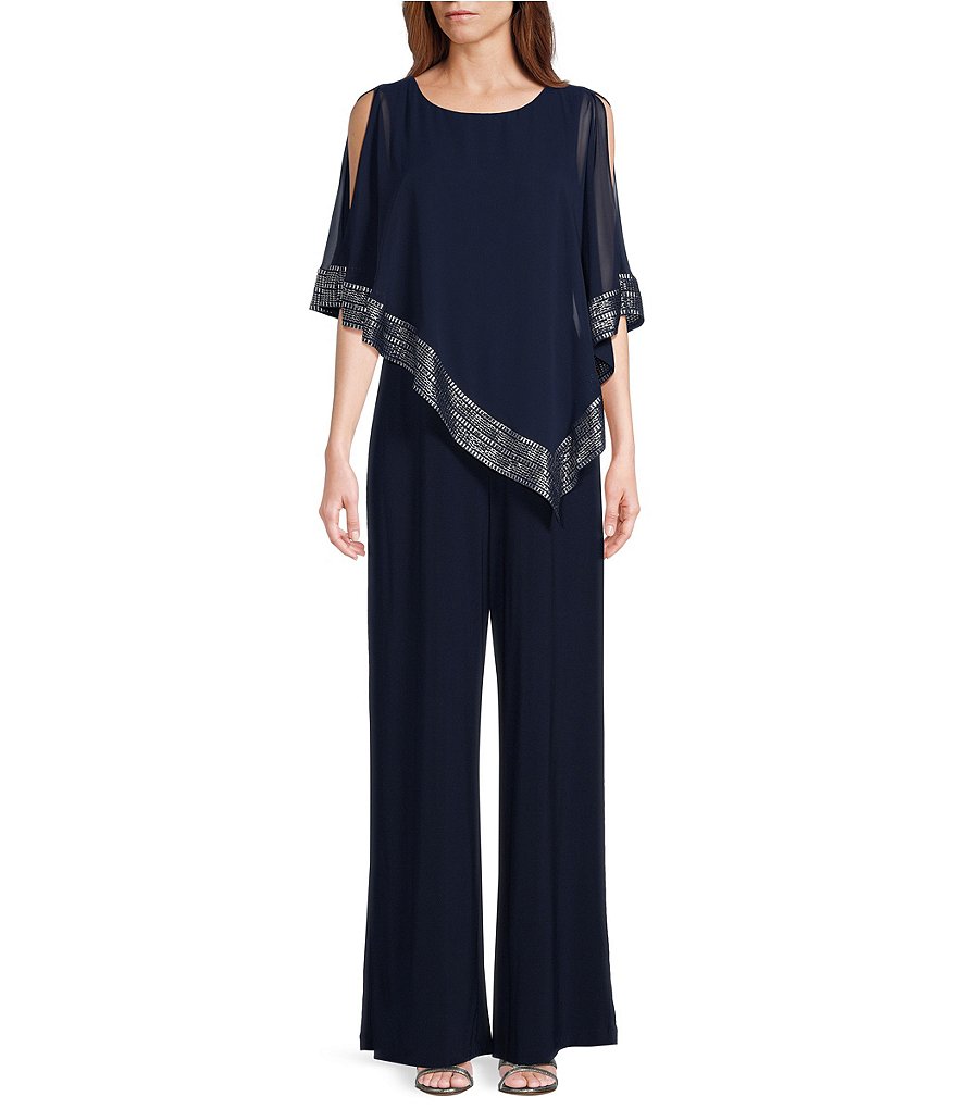 Ignite Evenings Petite Size Foil Trim Asymmetric Cape Jumpsuit | Dillard's