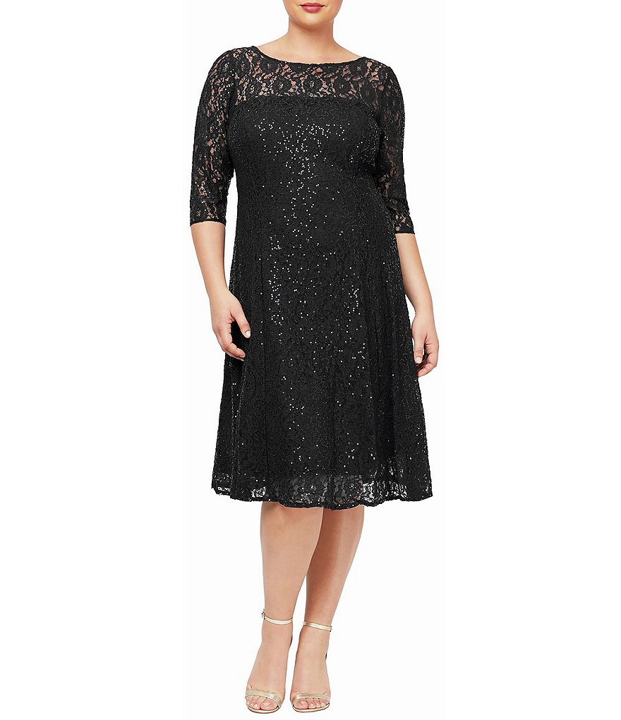 Ignite Evenings Plus Size Round Neck 3/4 Sleeve Sequin Lace A-Line ...