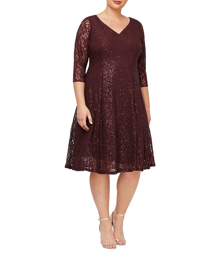 Ignite Evenings Plus Size 3/4 Sleeve V-Neck Sequin Lace A-Line Dress ...