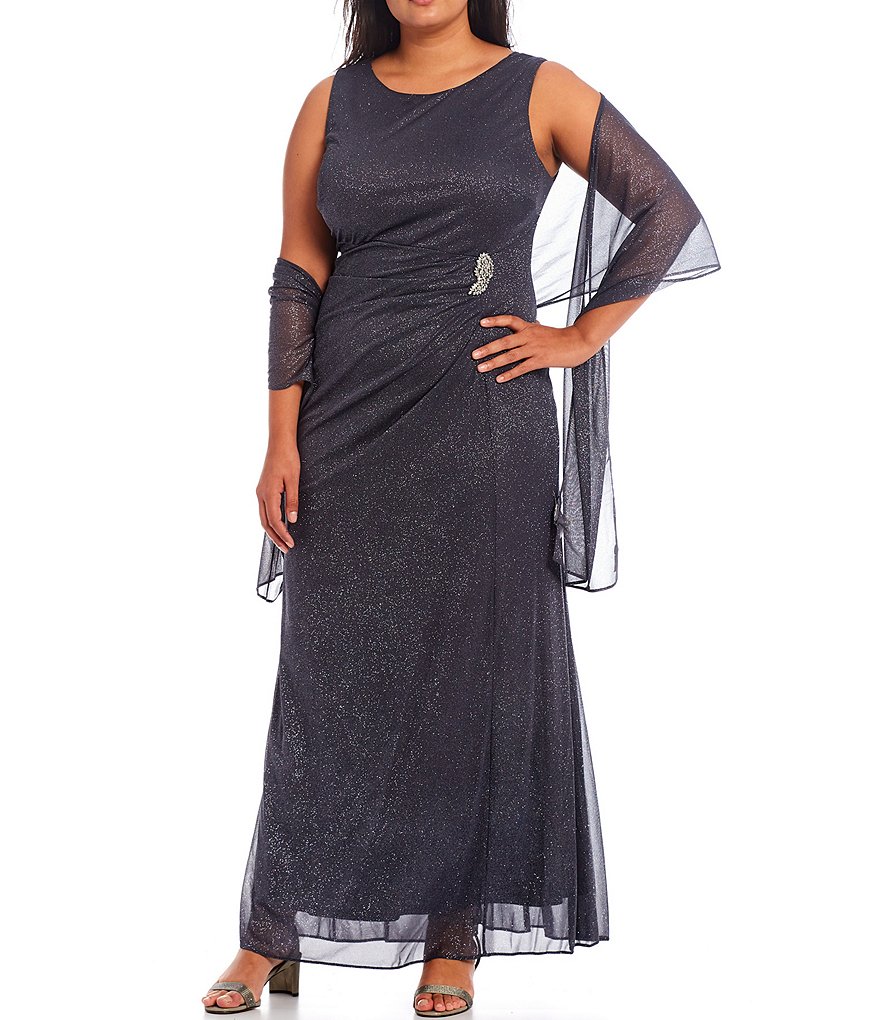 Ignite Evenings Plus Size Glitter Mesh Ruched Round Neck Sleeveless ...