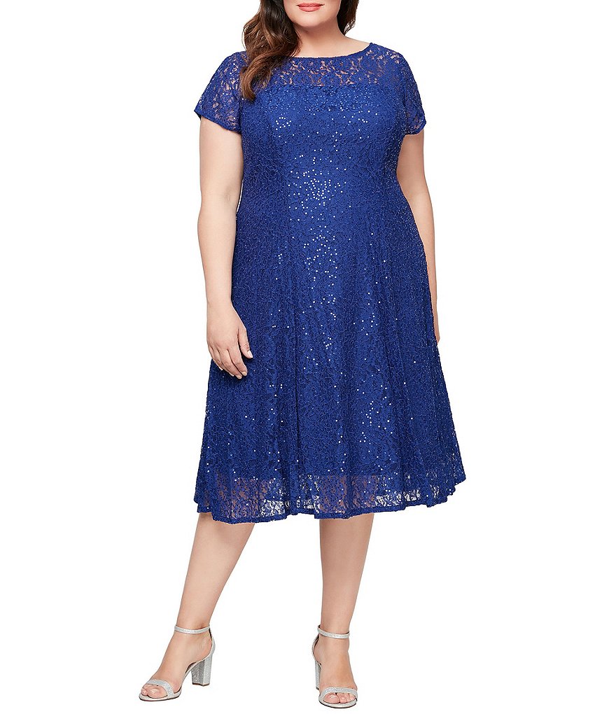 Ignite Evenings Plus Size Round Neck Short Sleeve Sequin Lace Midi ...