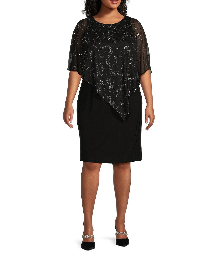 Ignite Evenings Plus Size Round Neck Short Sleeve Shimmer Caplet Dress ...