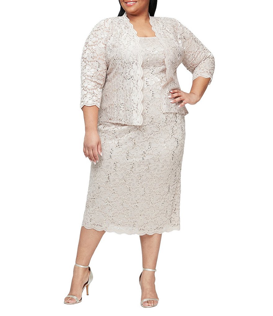 Ignite Evenings Plus Size Scalloped Sequin Lace Square Neck 3/4 Sleeve ...
