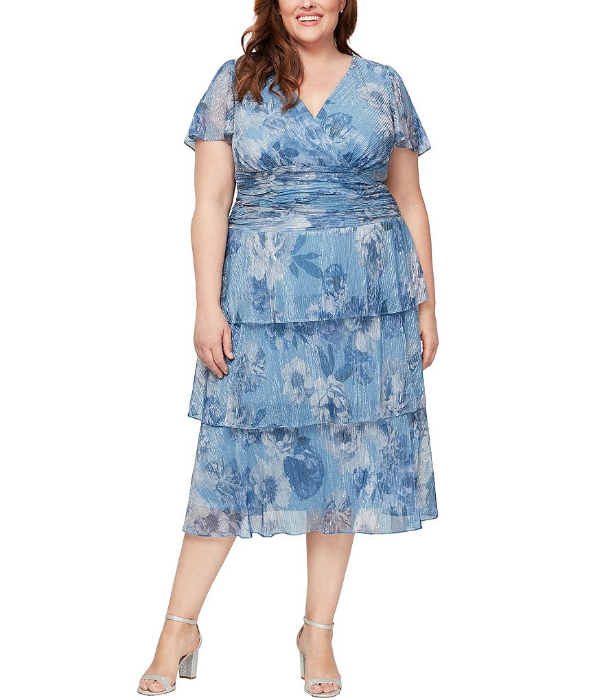 Ignite Evenings Plus Size Short Flutter Sleeve Tiered Skirt Floral Midi Dress