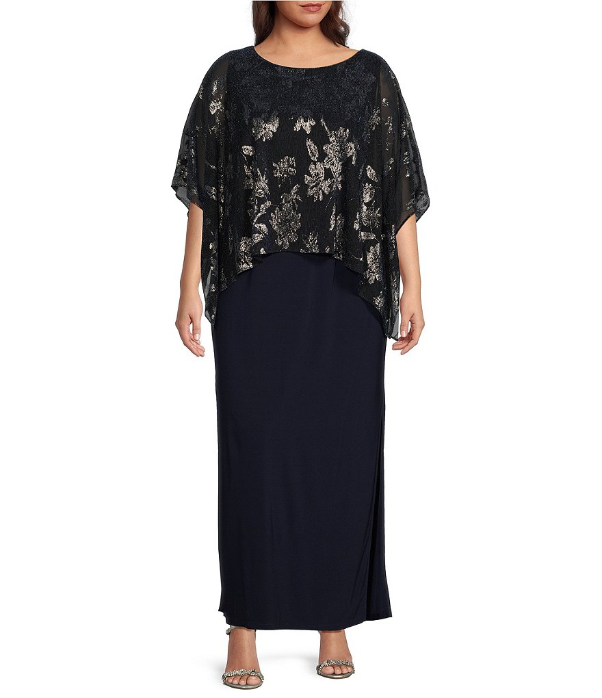 Ignite Evenings Plus Size Short Sleeve Printed Shimmer Overlay Chiffon ...