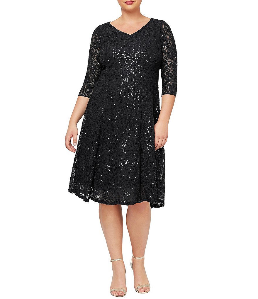 Ignite Evenings Plus Size V-Neck 3/4 Sleeve Sequin Lace Dress | Dillard's