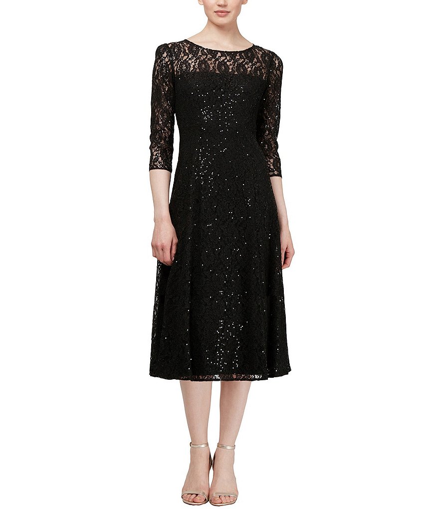 Ignite Evenings Sequin Lace Round Neck 3/4 Sleeve Midi Dress | Dillard's