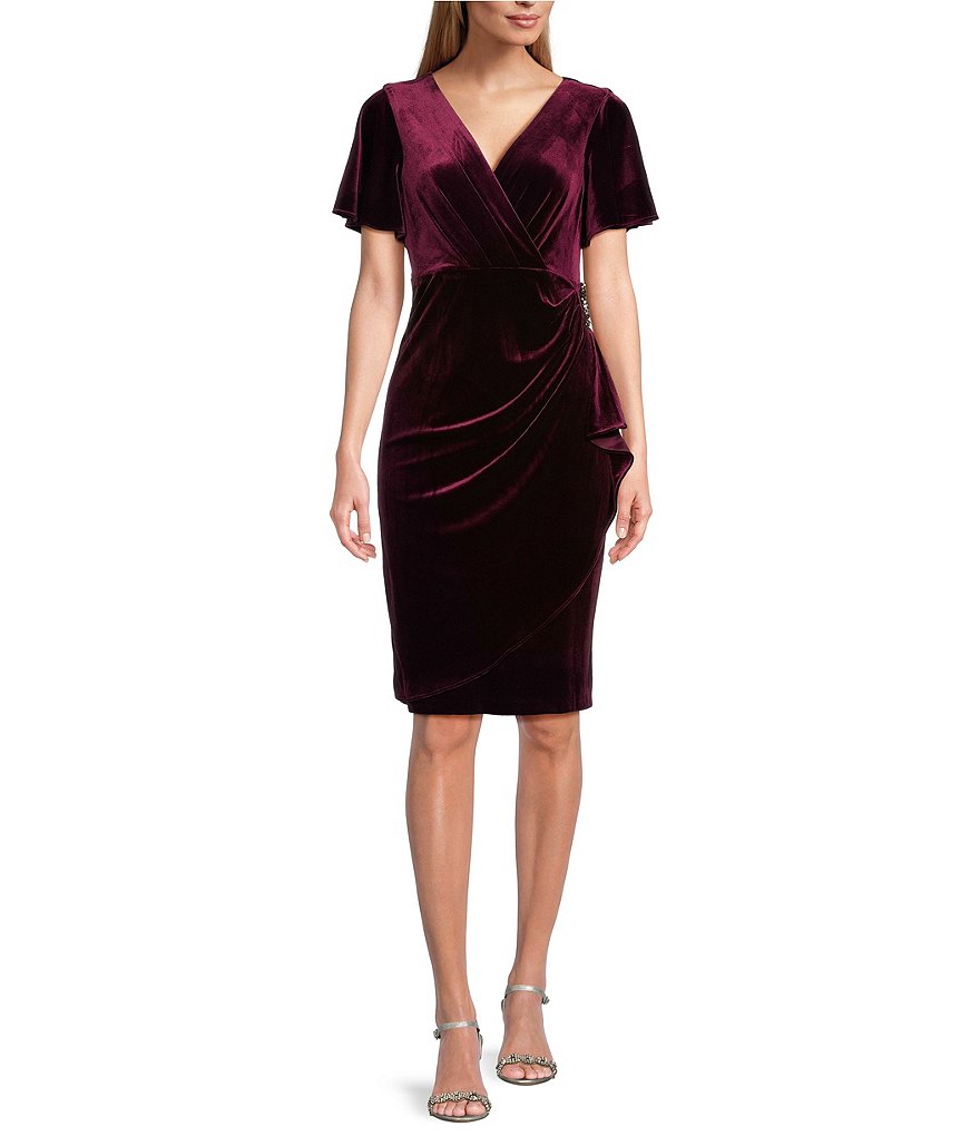 Ignite Evenings Velvet Surplice V Neck Short Flutter Sleeve Jewel Embellished Side Ruched Sheath