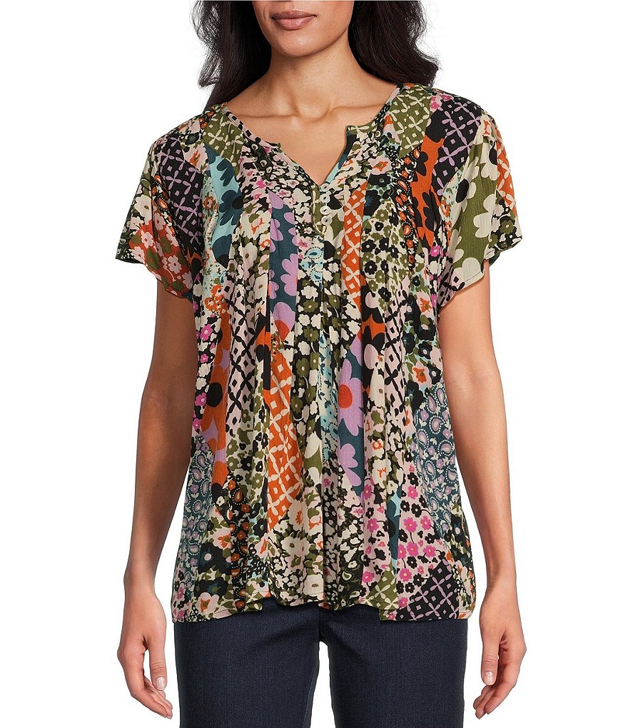 Intro Petite Size Printed Crinkle Gauze Split Neck Short Flutter Sleeve ...