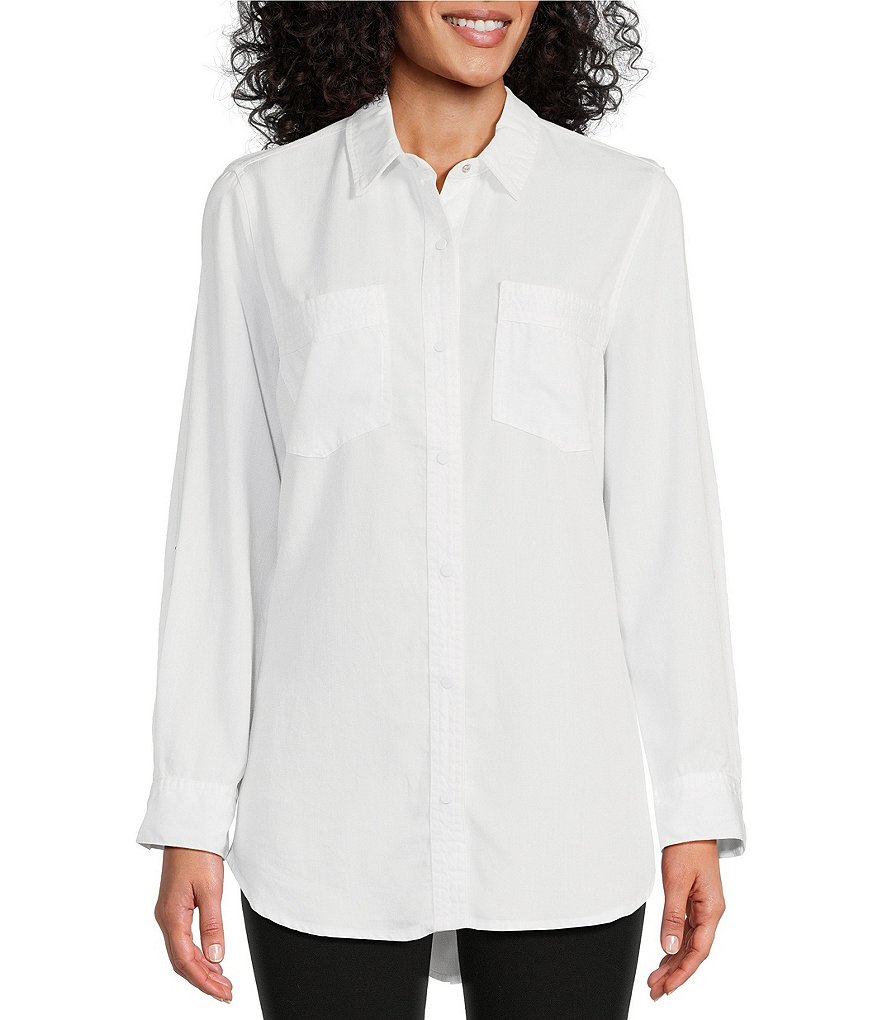 Intro Petite Size Roll-Tab Sleeve Button Front Slub Lyocell Shirt ...