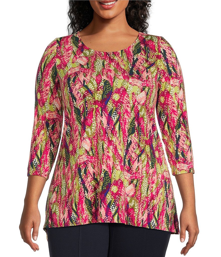 Intro Plus Size Abstract Leaf Print Scoop Neck 3/4 Sleeve Pleated Back ...