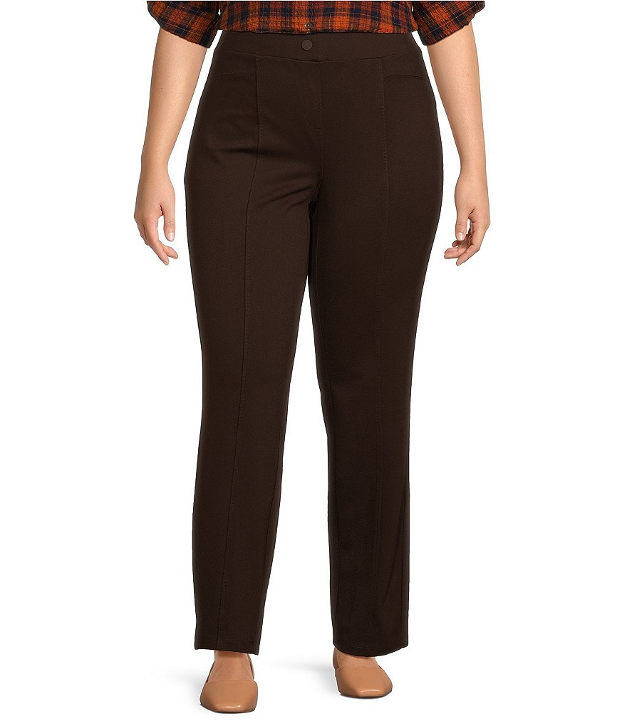 Intro Plus Size Bella Solid Double Knit Slim Hem Straight Leg Pants, Womens, 2X, Ebony Black