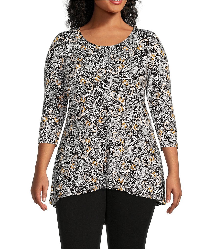 Intro Plus Size Ebony Black Floral Print Round Neck 3/4 Sleeve Pleated ...