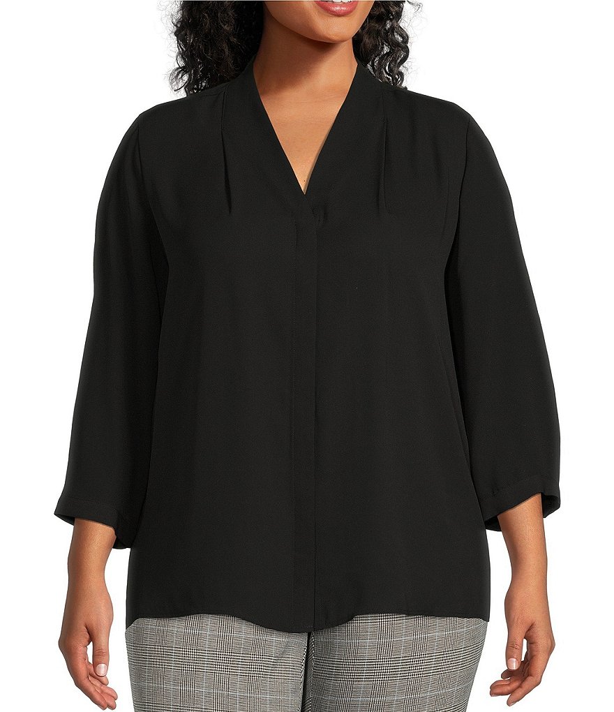 Investments Plus Size Caroline Signature V-Neck 3/4 Sleeve Button Front Top