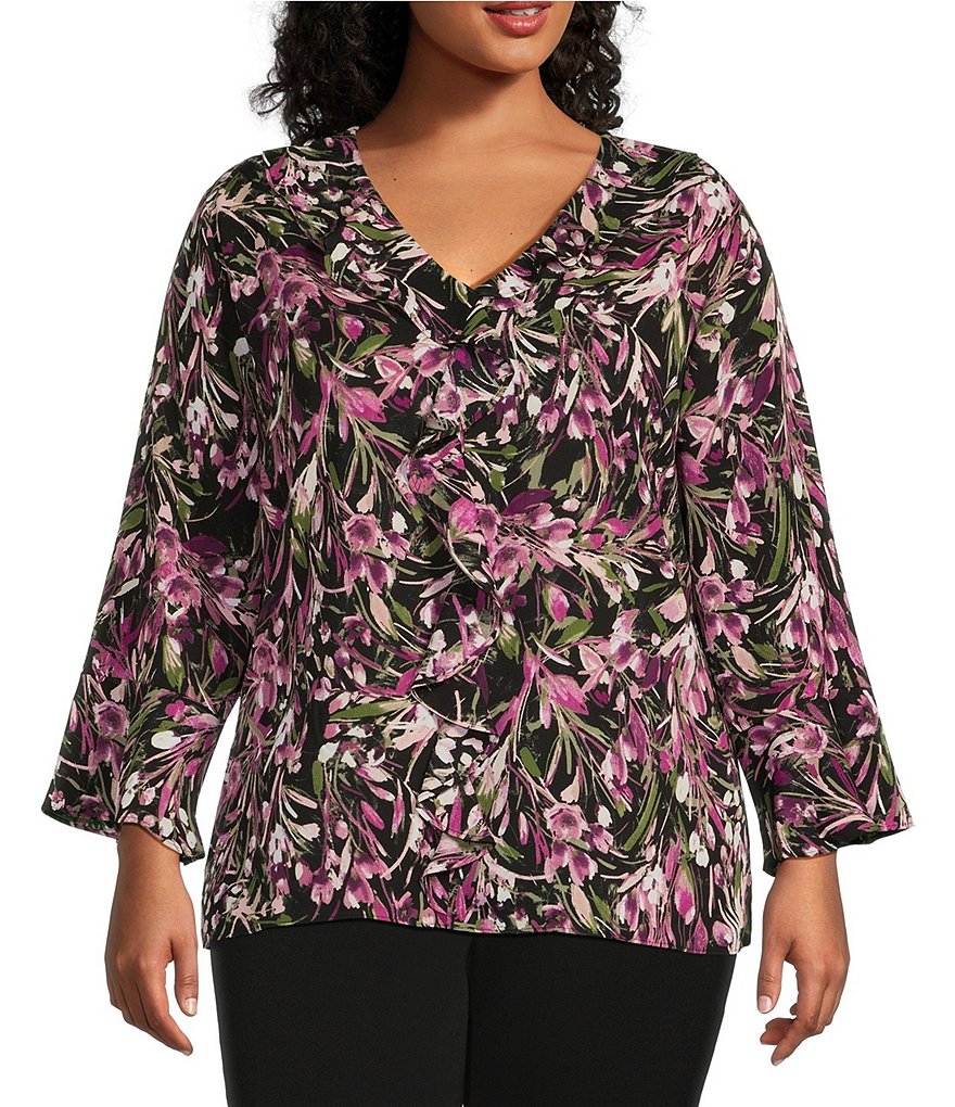 Investments Plus Size Riley Woven Floral Sprigs Cascading Ruffled V