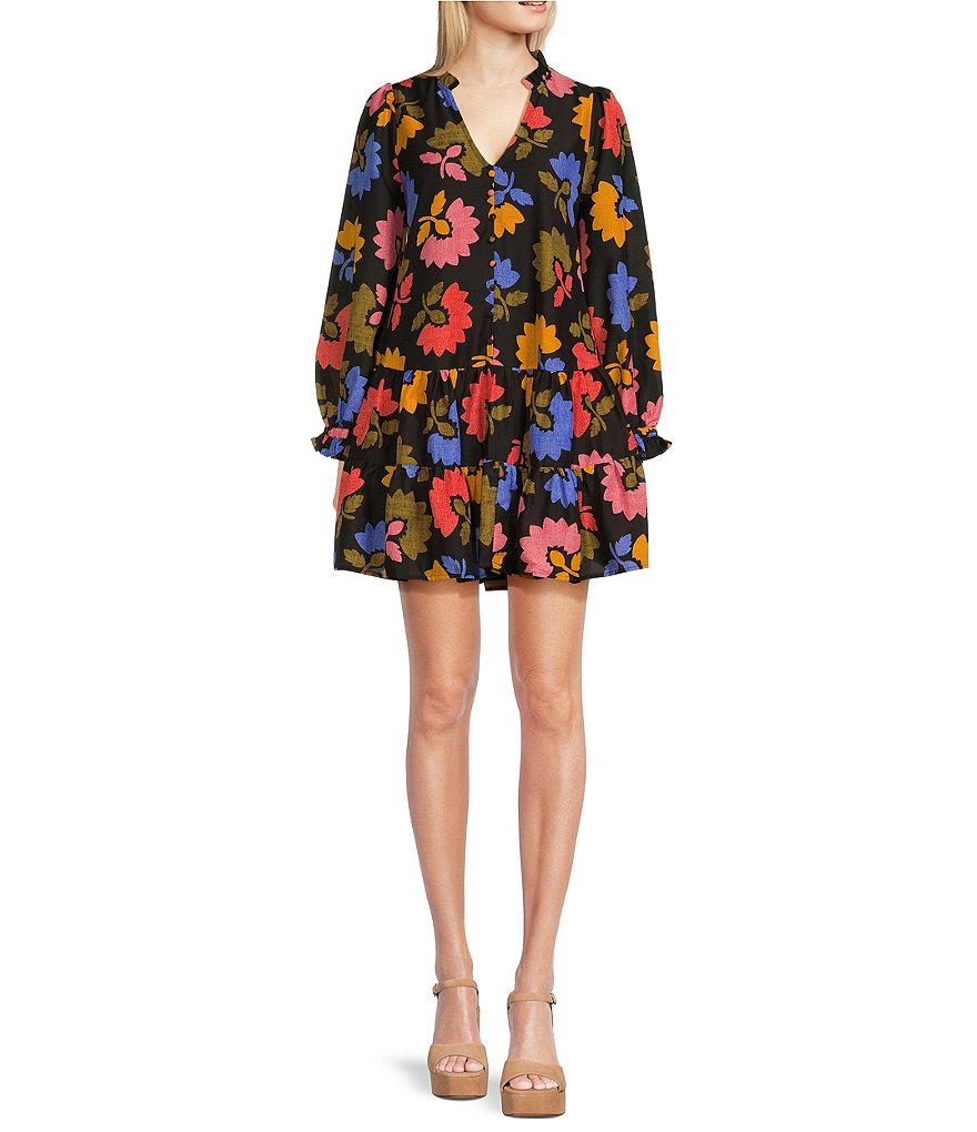 J.Marie Avery Floral Long Sleeve V-Neck Tiered Shift Dress | Dillard's
