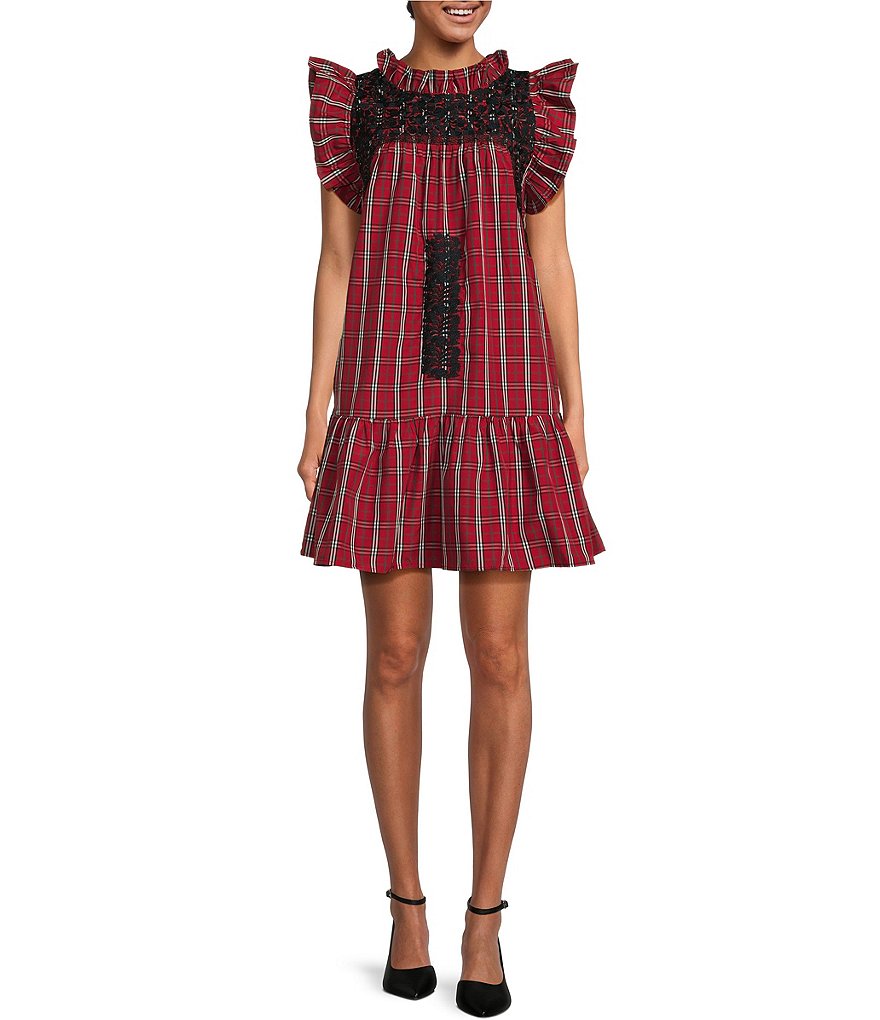 J.Marie Rayna Ruffle Neck Plaid Embroidered Tiered Shift Dress