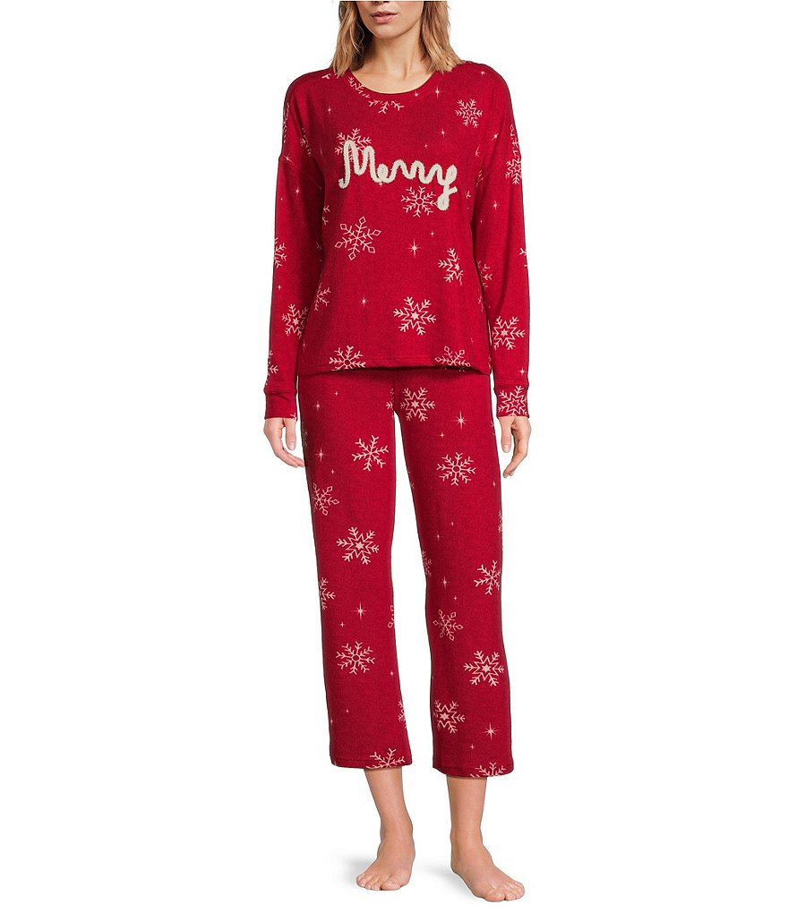 Jasmine Ginger Snowflake Print Brushed Knit Long Sleeve Round Neck Top Pant Holiday Pajama Set Dillard s