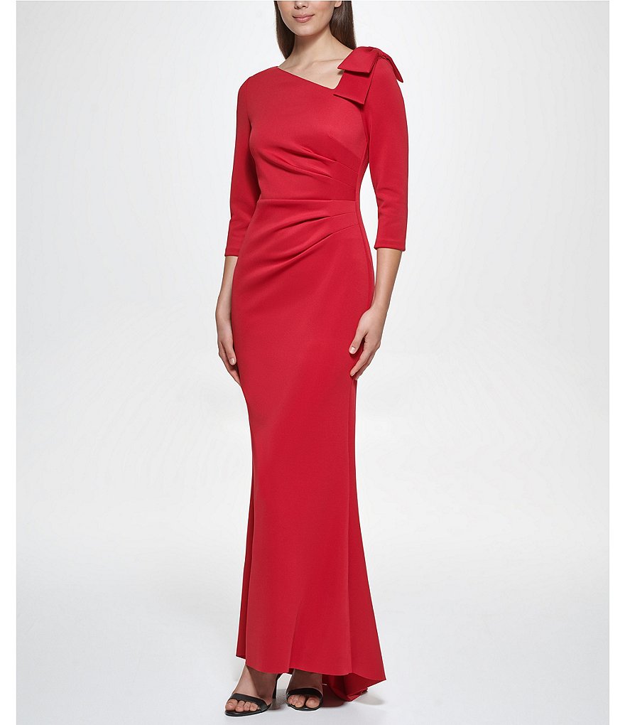 Jessica Howard 3/4 Sleeve Asymmetrical Neck Bow Shoulder Side Tuck Gown
