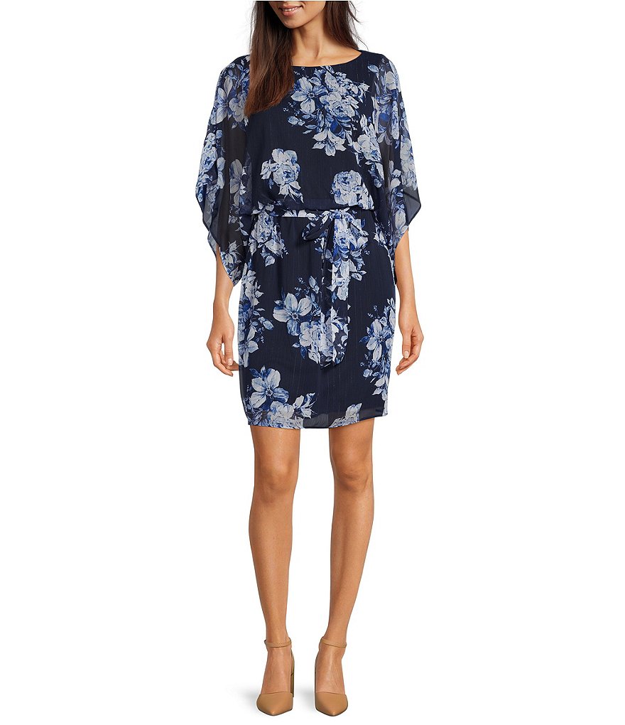 Jessica Howard Floral Print 3/4 Sleeve Chiffon Blouson Dress | Dillard's