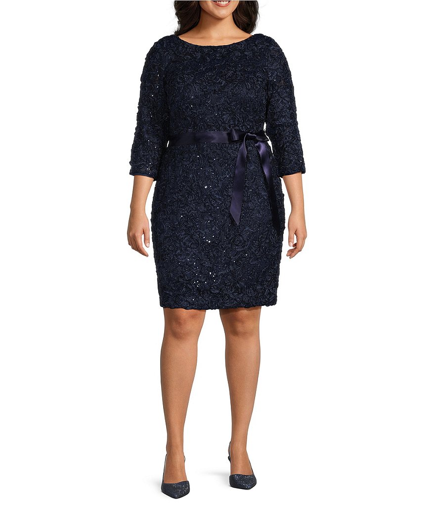 Jessica Howard Plus Size 3 4 Sleeve Boat Neck Satin Belt Lace Sheath Dress Dillard s