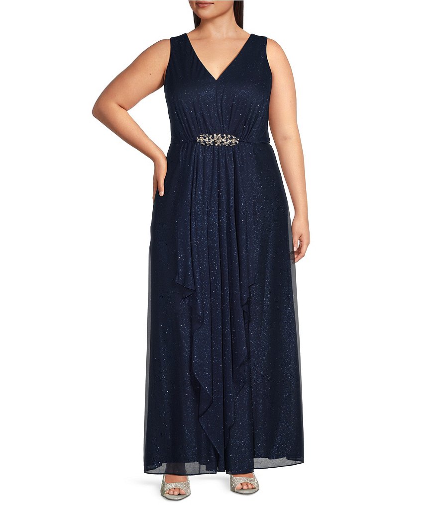 Jessica Howard Plus Size Sleeveless V-Neck Beaded Waist Long Dress ...