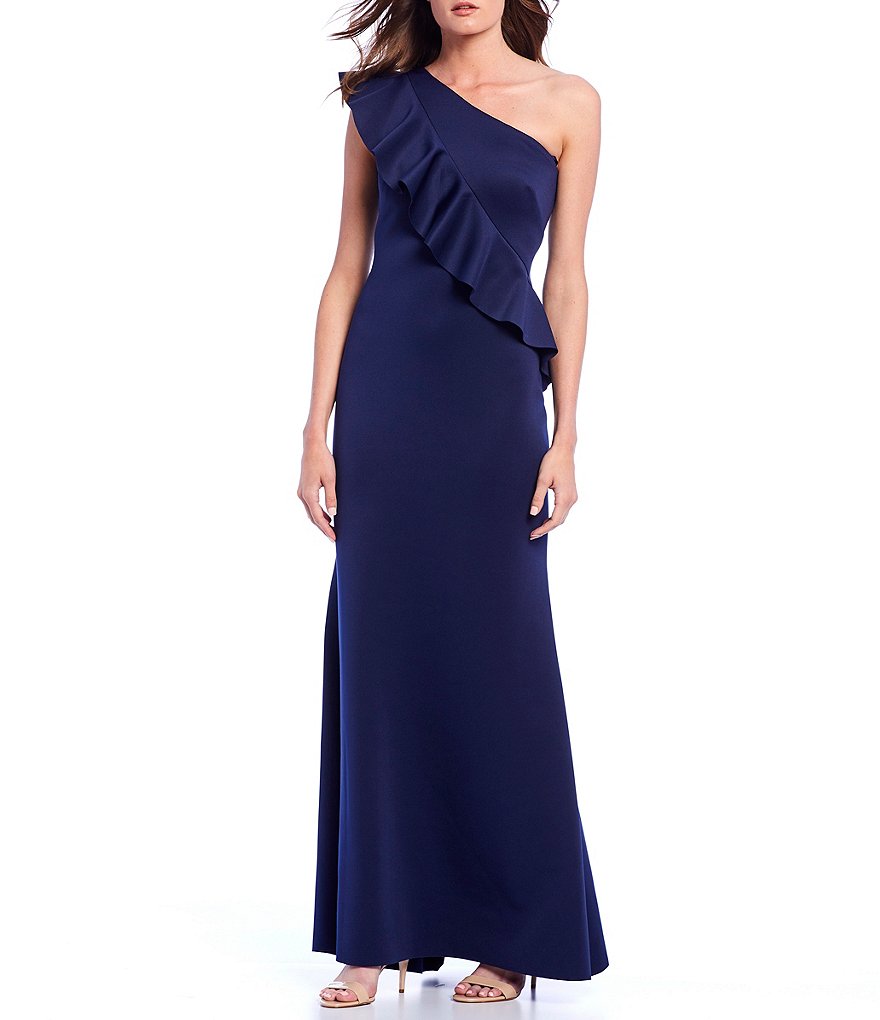 Jessica Howard Sleeveless One Shoulder Ruffle Scuba Sheath Gown | Dillard's